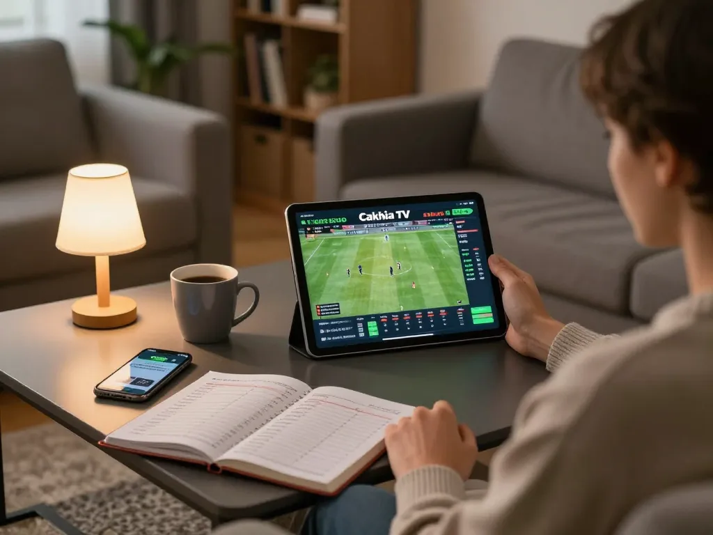 Cakhia tv user enjoying online sports betting at home with tablet and notebook.