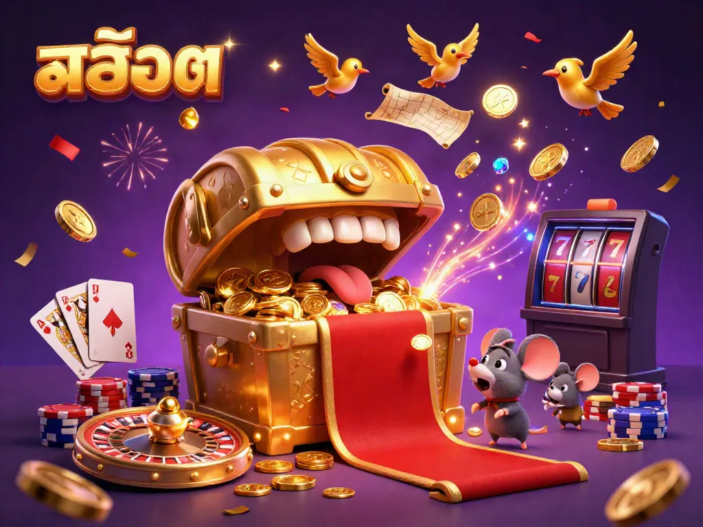Engaging scene showcasing สล็อต with a treasure chest, spinning roulette, and vibrant magical effects.