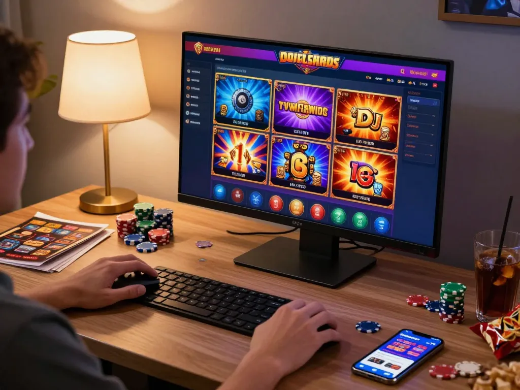 Engaged gamer using a computer on a situs slot gacor online casino, surrounded by chips and strategy.
