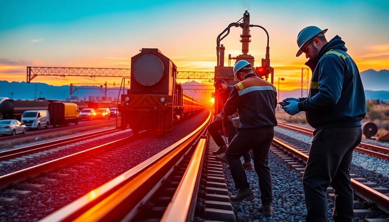 Technicians conducting railroad maintenance services, enhancing rail conditions with professionalism.