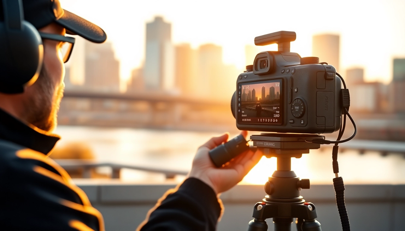 Edmonton videographer actively filming vibrant city scenes in natural sunlight.