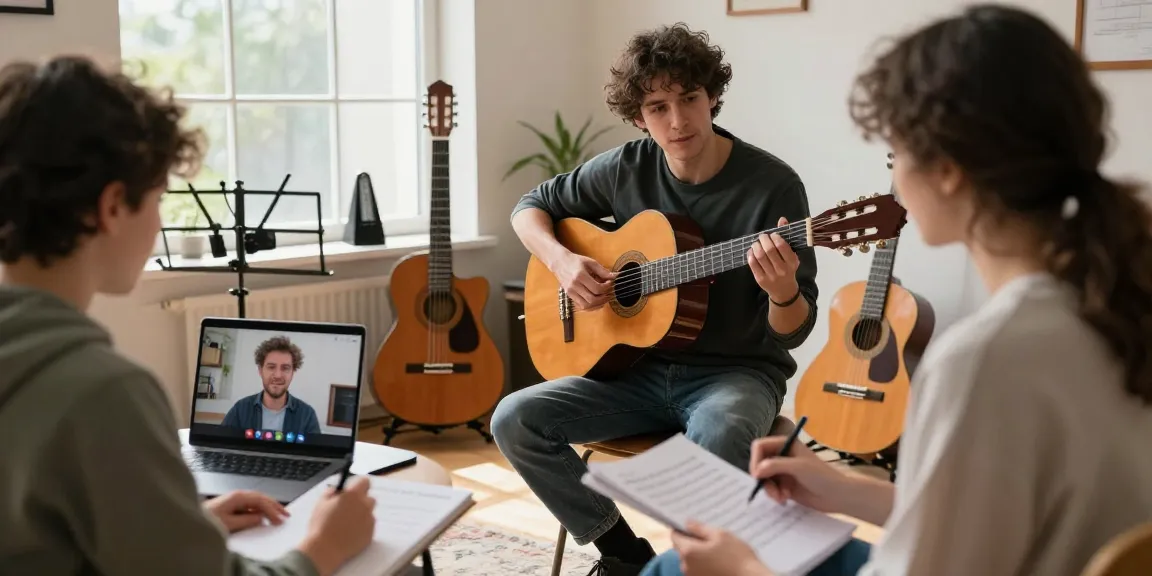 Engaging online classical guitar lessons online with a certified instructor teaching a student over video call in a cozy home studio.