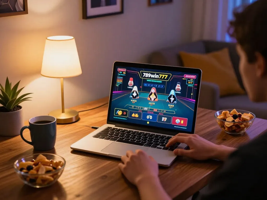 Player engaged in online gaming with 789win777 on laptop, showcasing elite gaming environment