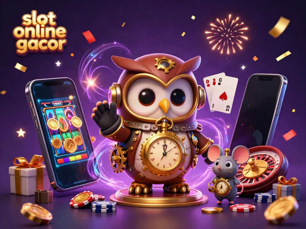 Experience the thrill of slot online gacor with a whimsical owl and mouse in a lively casino setting.