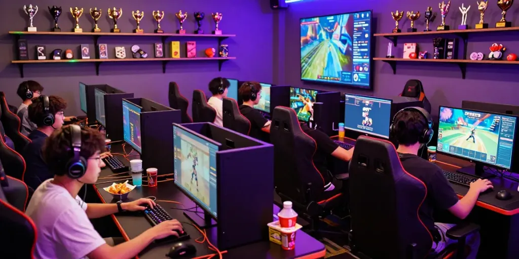 Engaged players in an ORION88 online gaming lounge with vibrant LED lighting.