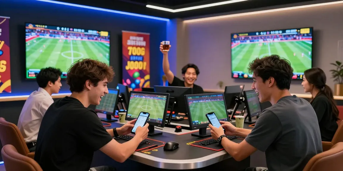 Excited friends enjoying sports betting together at trang chủ shbet, celebrating with drinks while checking live odds on screens.