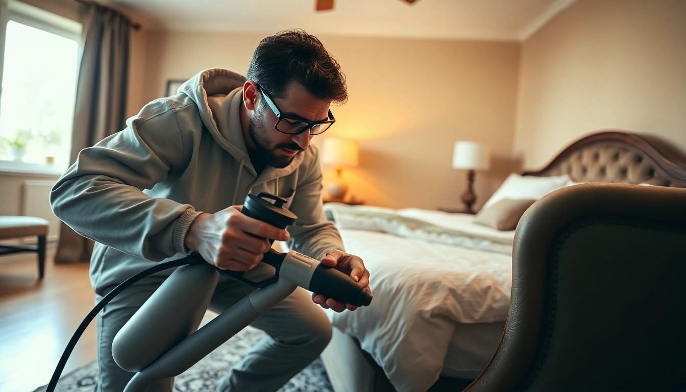 Implementing effective bed bug treatment by a professional in a well-lit bedroom setting.