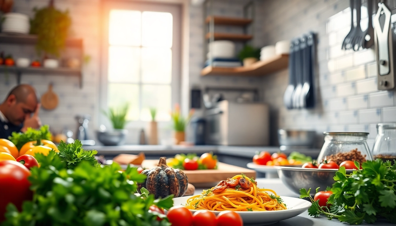 Dishfacts chef crafting a gourmet meal in a vibrant kitchen filled with fresh ingredients.