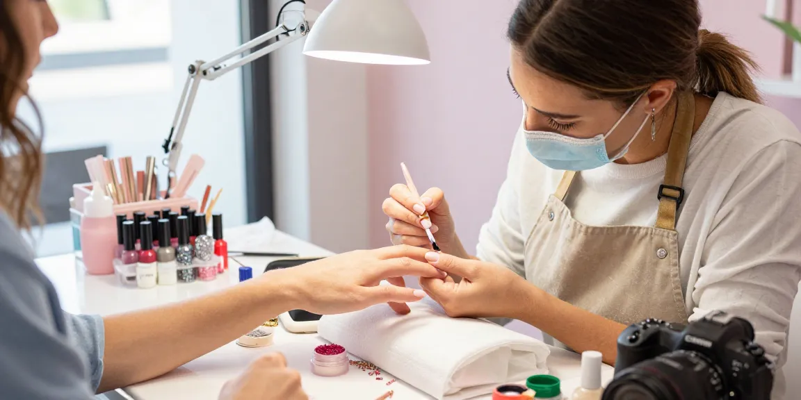 Tehnician profesionist în unghii aplicând gel constructie unghii într-un salon modern de înfrumusețare, prezentând artă unghii elegantă.