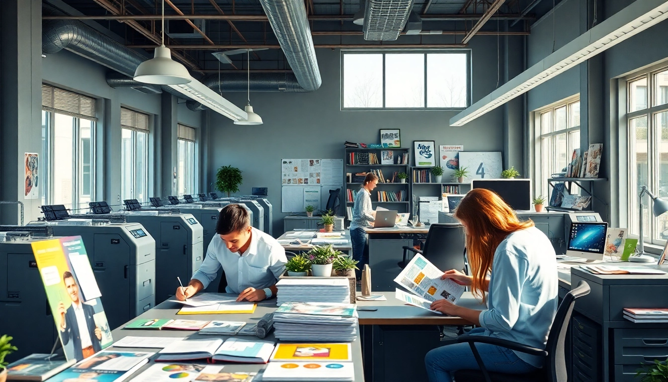 Team at a direct mailing company preparing vibrant mail pieces in a professional workspace.