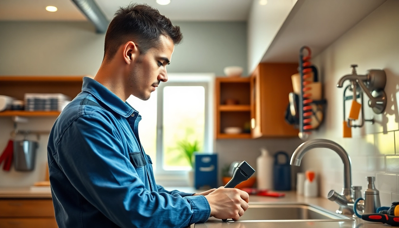 Local plumber fixing a sink in a modern kitchen showcasing expertise and professionalism.