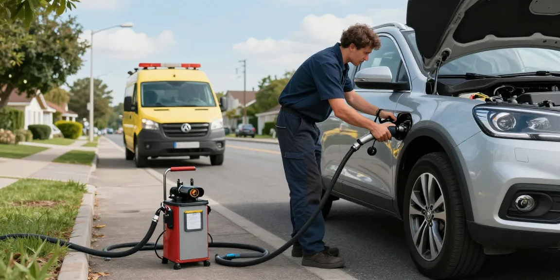 Fuel technician draining petrol in diesel car at roadside service, ensuring safe recovery.