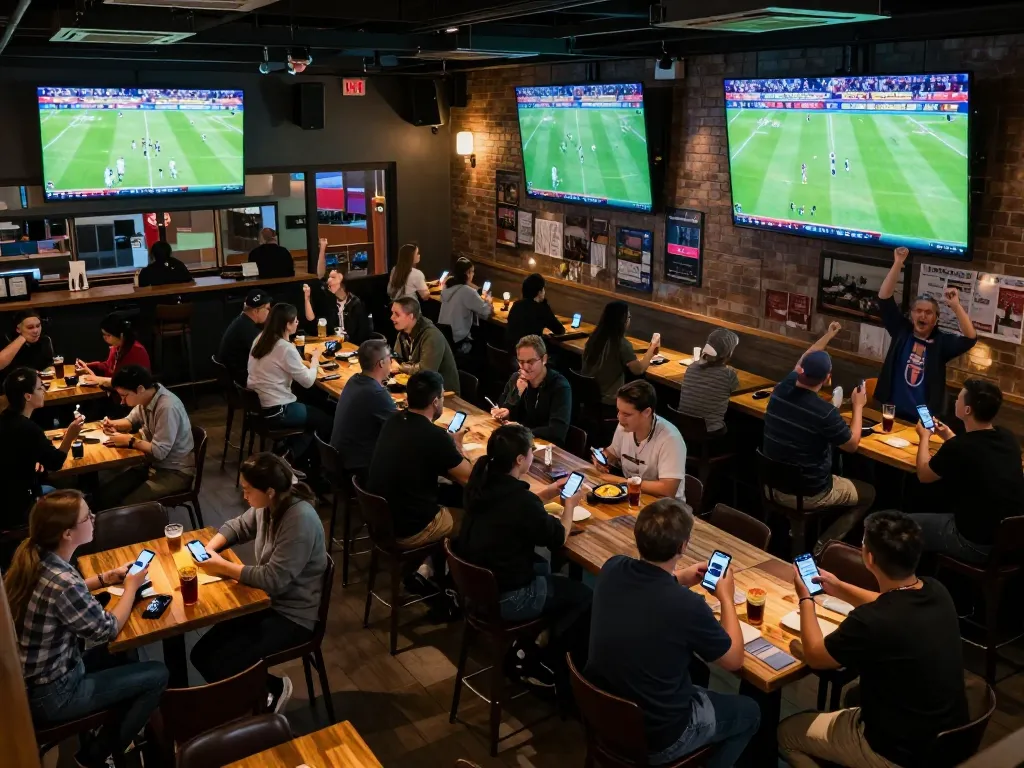 Socolive users cheering while watching live football matches on multiple screens in a bustling sports bar