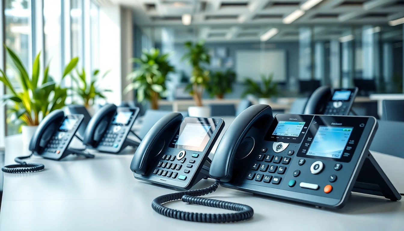 Highlighting advanced telephone systems set up in a business environment for seamless communication.