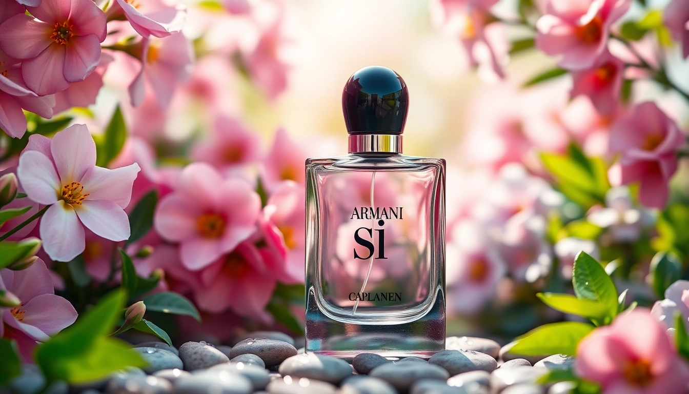 Experience the sophistication of Armani si with a luxurious fragrance showcased in a blooming garden.