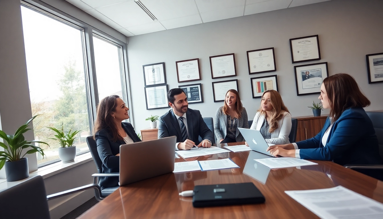 Engaging New Hampshire Immigration Attorney consulting diverse clients in a modern office.