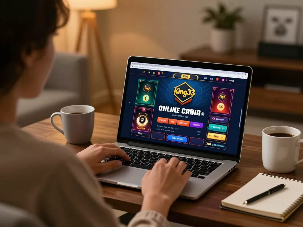 Engaged player enjoying king33 online casino on laptop in cozy home setting.