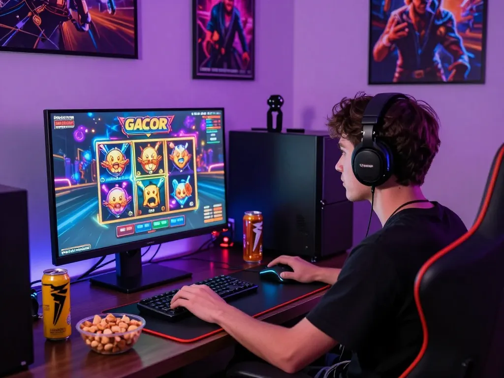 Pengguna yang terlibat dalam sesi permainan yang hidup merasakan kegembiraan slot gacor dengan grafik berwarna-warni dan aksesori permainan modern.