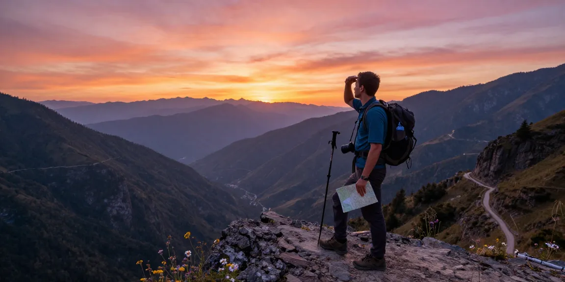 Un excursionista disfrutando de la vista en un paisaje montañoso al atardecer con mi etb en la mochila.