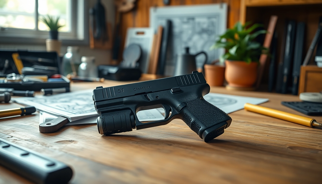 View a detailed glock 43x slide showcasing its design and features on a workbench.