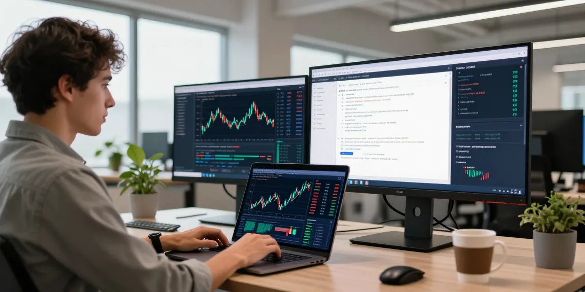 Developer analyzing free market data API in a modern workspace with real-time financial charts.