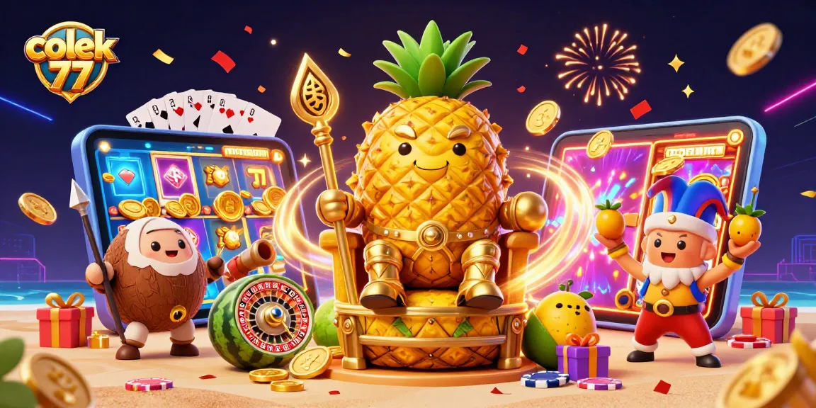 Experience winning thrills with colek 77 in vibrant casino scene featuring a pineapple king and slot games.