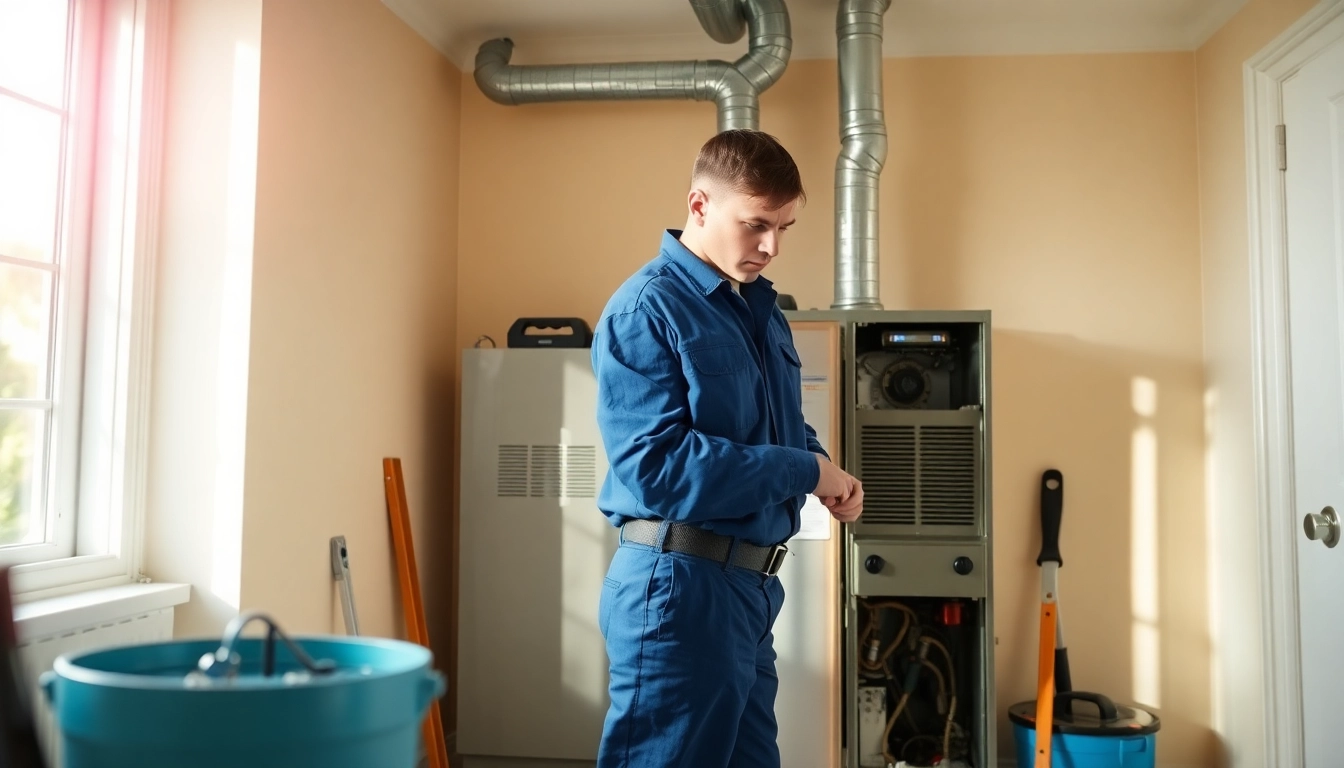 Technician providing furnace maintenance services with tools in a clean, modern home.