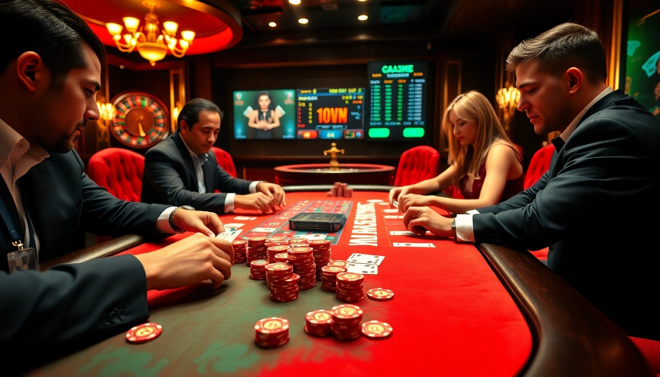 Permainan poker yang intens di meja kasino IDN Play dengan pemain dan chip yang menjadi fokus.
