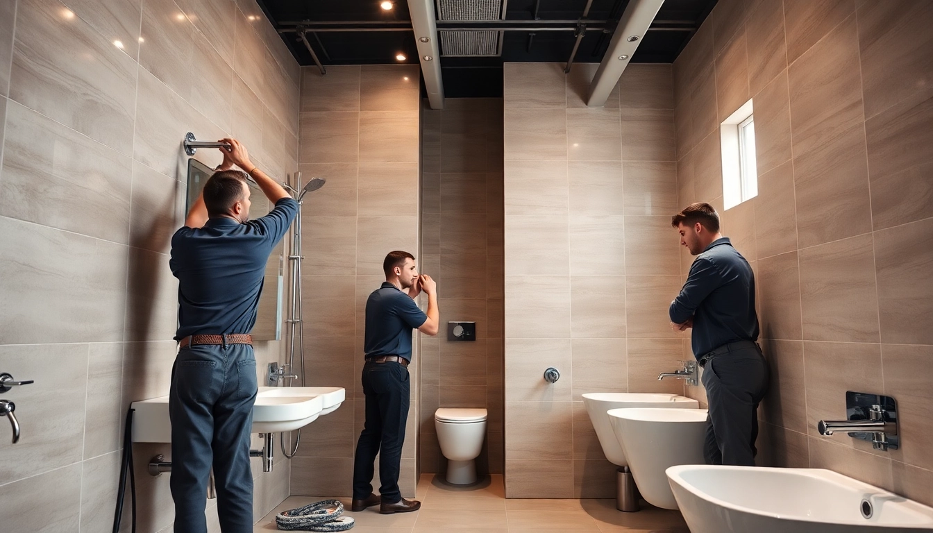 Technicians from sonni sanitär GmbH installing premium sanitary fittings in a modern bathroom.