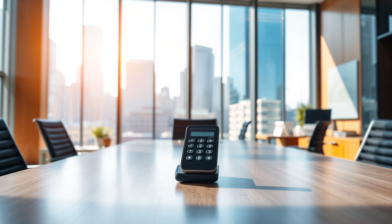 Discover remote call control technology in a professional office setting with a sleek device.