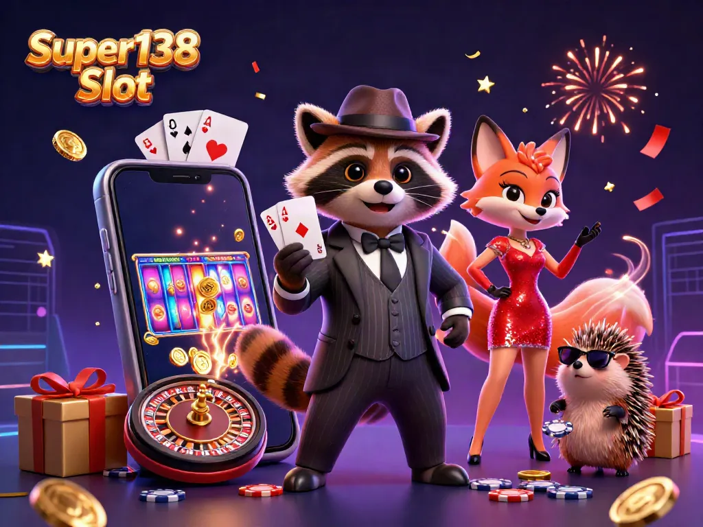 Engaging scene depicting Super138 Slot with charming characters amid colorful casino elements.