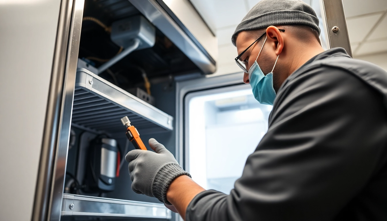 Technician engaged in Commercial Refrigerator Repair showcasing skill in a kitchen environment.