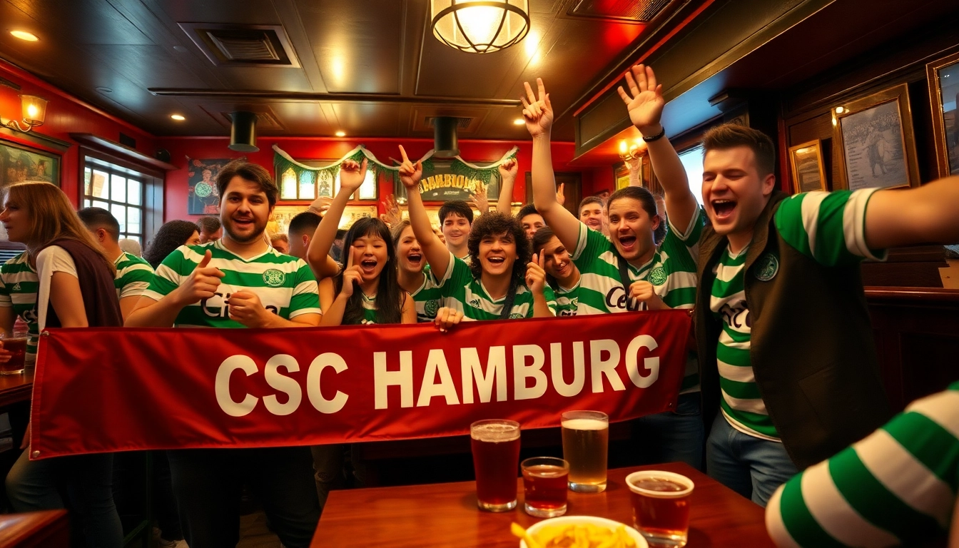 Fans celebrating at a pub for csc hamburg with jerseys and a lively atmosphere.