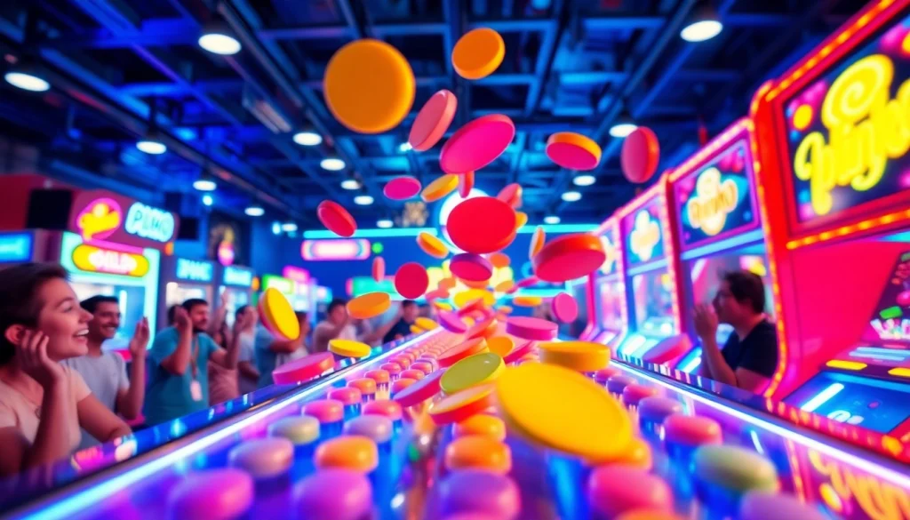 Players enjoying the Plinko game with vibrant colors and an exciting arcade atmosphere.