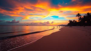 Pôr do sol na Praia de Paripueira, destacando águas calmas e um céu com cores vibrantes.