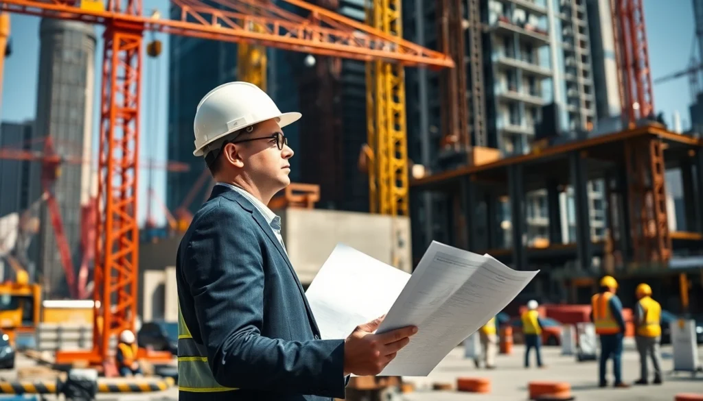 New York City Construction Manager analyzing blueprints on a busy construction site.
