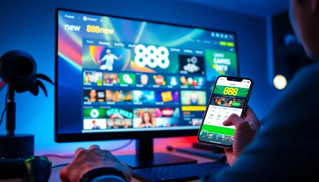 Interactive display of the 888 new online betting platform showcasing gaming options.