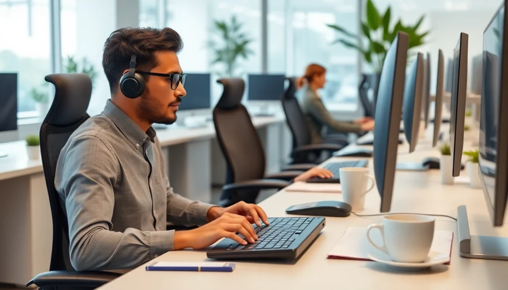 Typing center featuring a busy professional in a modern office, engaged in focused work.