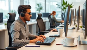 Typing center featuring a busy professional in a modern office, engaged in focused work.