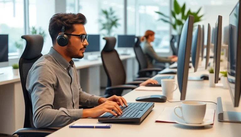 Typing center featuring a busy professional in a modern office, engaged in focused work.