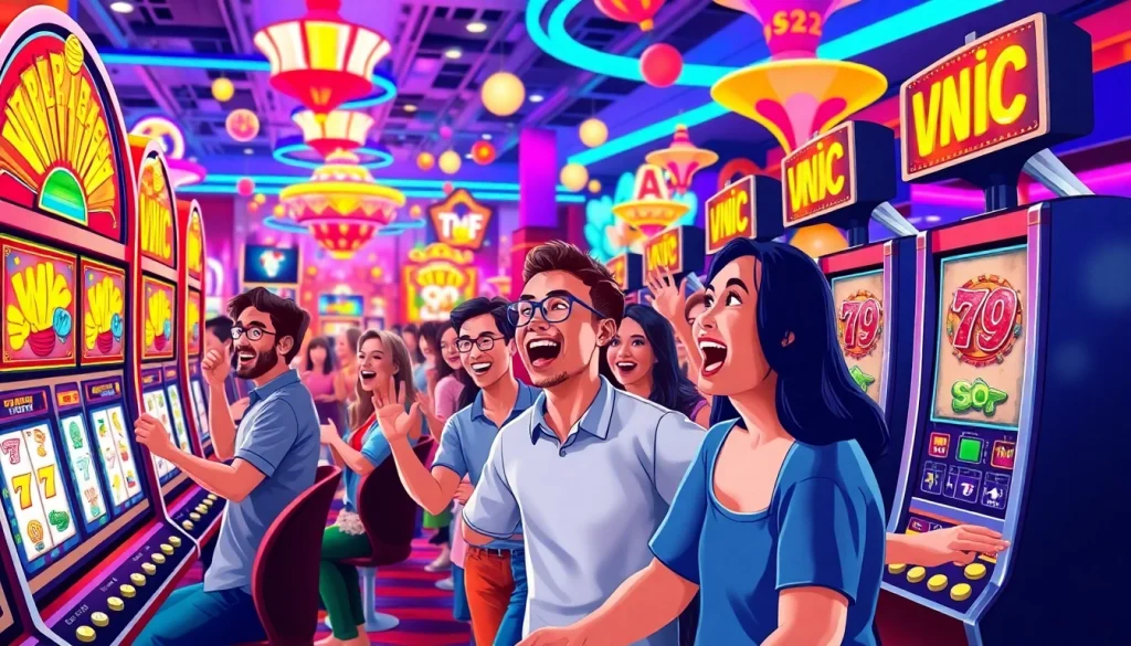 Momen seru bermain slot gacor dengan pemain antusias dan mesin slot kemenangan yang berwarna-warni.