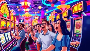 Momen seru bermain slot gacor dengan pemain antusias dan mesin slot kemenangan yang berwarna-warni.