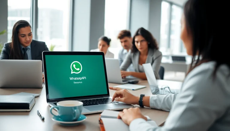 Showcasing a team collaborating on WhatsApp API integration in a modern workspace.