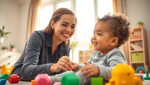 Hire a Nanny Dubai with a caring nanny playing joyfully with a smiling child.