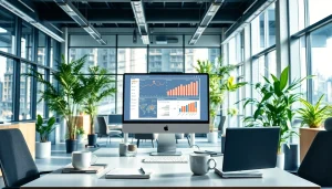 Showcasing technology in a modern workspace, featuring a sleek computer and vibrant decor.