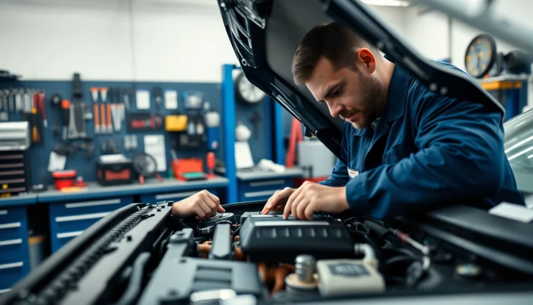 Werkstatt nahe Hauptbahnhof Berlin zeigt Mechaniker bei der Arbeit an einem Auto-Motor.
