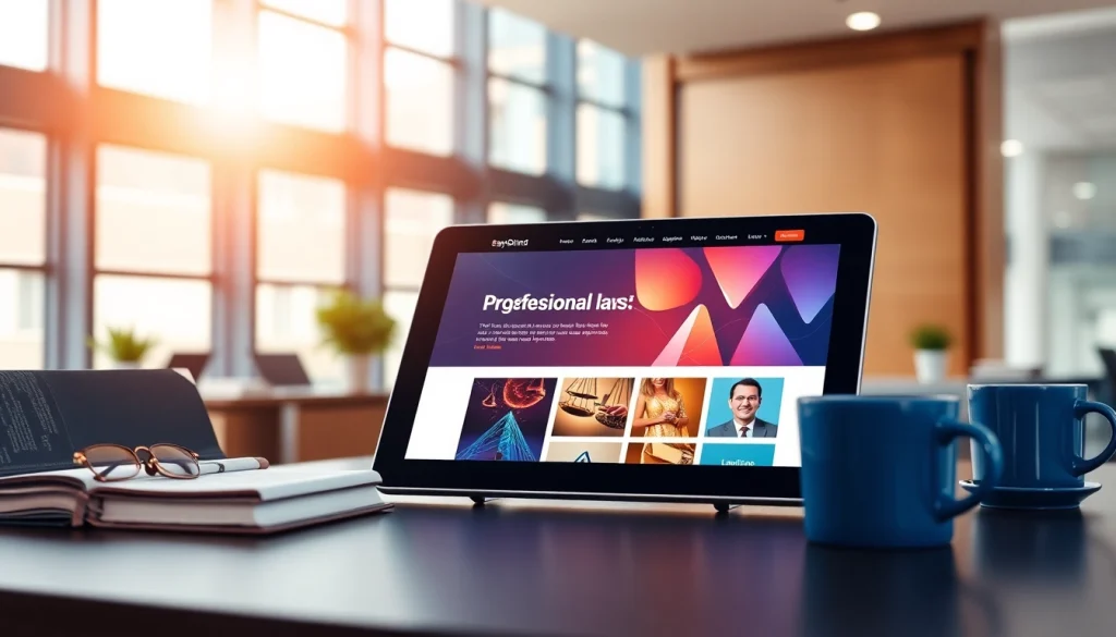 View a professional law firm website on a digital tablet showcasing https://www.websites.law in a modern office.