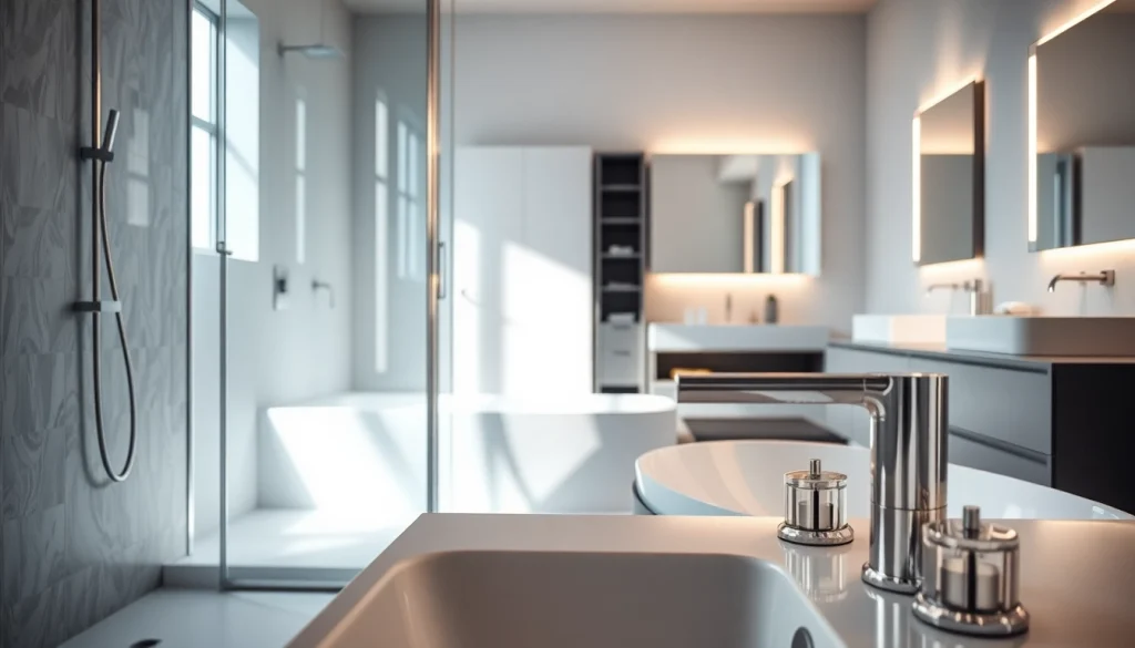 Präsentation der sonni sanitär Badprodukte in einem eleganten Badezimmer mit modernen Armaturen.