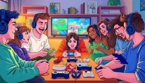 Mengamati daftar ggsoft game saat sekelompok gamer bersenang-senang di ruang tamu.