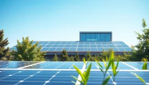 Certificado Ahorro Energético en edificio moderno con paneles solares y entorno verde.